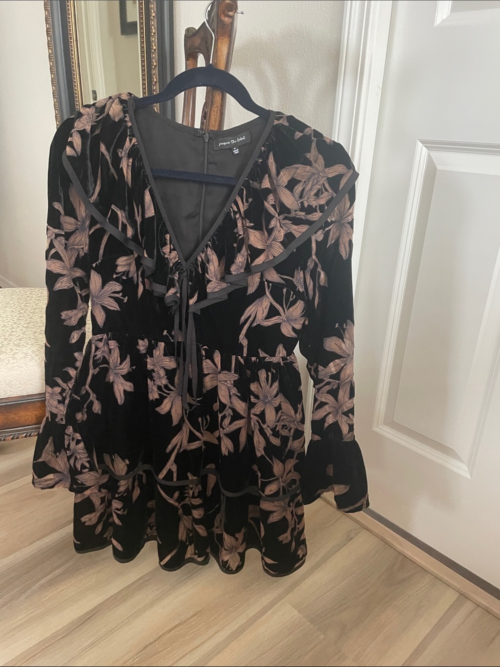Jacqui E Black Velvet Midi Dress with Blush Floral Embroidery